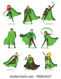 Vector illustration in flat design of female and male eco superheros in funny comics costume isolated on the white backgroun