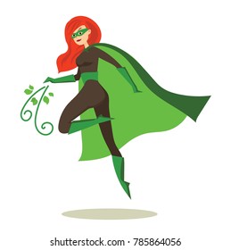 Vector illustration in flat design of female eco superhero in funny comics costume isolated on the white background