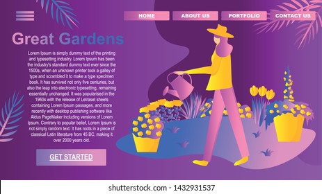 Vector illustration flat design flowers gardener garden growing and studying plants in nature clean ecology plant trees woman hat leaves enviroment card Farmer landing page nature Website or Web Page