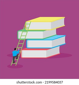 vector illustration flat design in the form of a pile of books and a person climbing it with a ladder, with a simple and attractive concept. suitable as a symbol related to science, education,etc