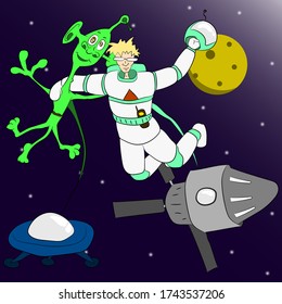 Vector illustration flat design. The friendship of man with the Martians, in space, color.