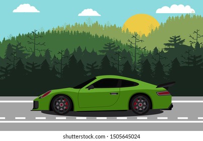 Vector illustration of flat design green sport car with nature scene