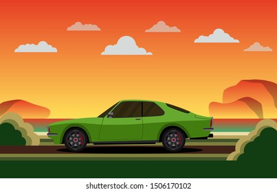 Vector illustration of flat design green sport car with nature scene