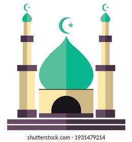 Vector illustration of flat design of a green dome mosque with two editable side minarets on the left and right. 4000 x 4000 pixel perfect.