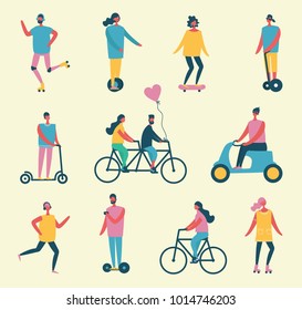 Vector illustration in flat design of group people with different transportation