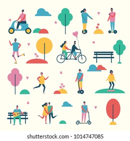 Vector Illustration In Flat Design Of Group People Outdoor  In The Park On Weekend