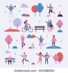 Vector illustration in flat design of group people outdoor in the park on weekend