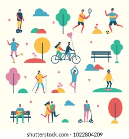 Vector illustration in flat design of group people outdoor in the park on weekend