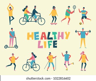 Vector illustration in flat design of group people doing sports and healthy life