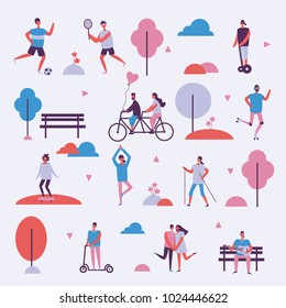 Vector illustration in flat design of group people outdoor in the park on weekend