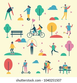 Vector illustration in flat design of group people outdoor in the park on weekend