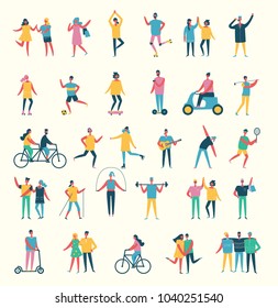 Vector illustration in flat design of group people with different kinds of sport