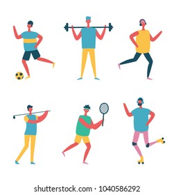 Vector illustration in flat design of group of men doing sports and healthy life