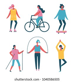 Vector illustration in flat design of group of women doing sports and healthy life