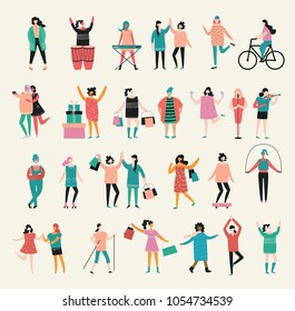 Vector illustration in flat design of group of women doing different activity