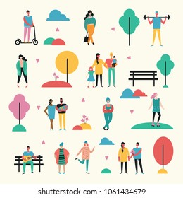 Vector illustration in flat design of group people outdoor in the park on weekend
