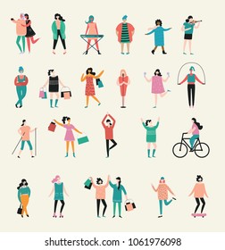 Vector illustration in flat design of group of women doing different activity