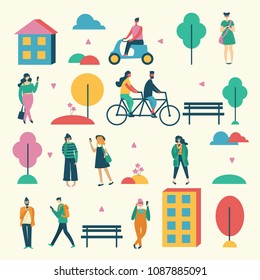 Vector illustration in flat design of group people outdoor in the park on weekend