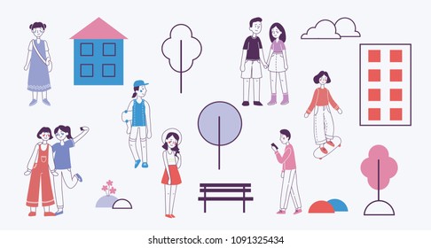 Vector illustration in flat design of group people outdoor in the park on weekend