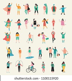 Vector illustration in flat design of group of women doing different activity