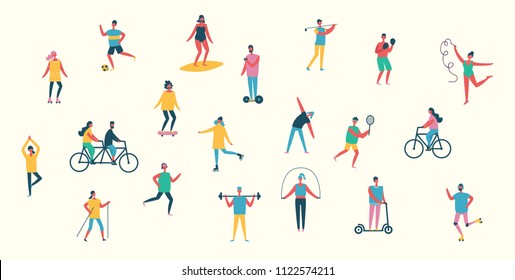 Vector illustration in flat design of group people doing different kinds of sport