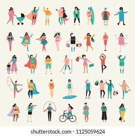 Vector illustration in flat design of group of women doing different activity