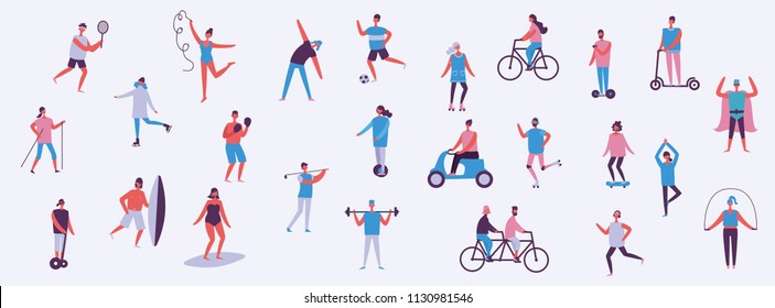 Vector Illustration In Flat Design Of Group People Doing Different Kinds Of Sport