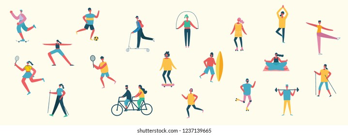 Vector illustration in flat design of group people doing different kinds of sport in a flat colorful style