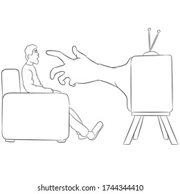 Vector illustration flat design. Hand from tv reach for man, doodle.