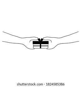 Vector illustration in flat design. Hand giving gift box to hand of receiver on white background. Drawing outline character. 