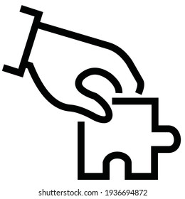 Vector illustration of flat design hand holding a puzzle piece. line drawing style, black and white. 