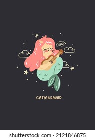 vector illustration. Flat design. Hand drawn.Cute mermaid cat playing ukulele. Can be used as a print for children's clothing, poster or whatever you want