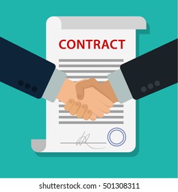 Vector illustration. Flat design. Handshake people on the background of the contract. 