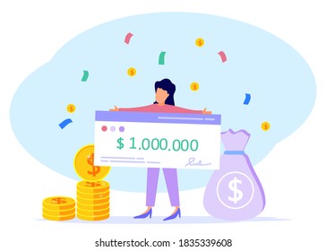 Vector illustration in flat design. Happy lucky lady holding a million dollar bank check. Winner of a quiz with prizes or a concept grant.