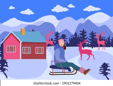  Vector illustration flat design. Happy girl riding on sleigh, winter holiday vector. Countryside landscape mountain, pine trees, deers.