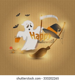 Vector illustration of flat design of a happy Halloween I really, broom, witch hat, spider, spit, gift, candy and lollipops.