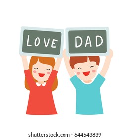 Vector illustration flat design happy girl and boy portrait.Wording on blackboard for father day.