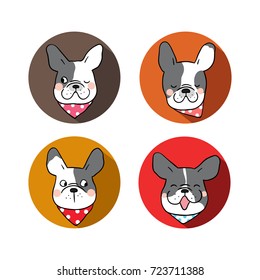 Vector illustration flat design head of cute french bulldog happy emotion and beauty scarf.Draw doodle style.