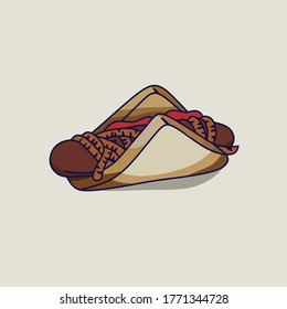 Vektorgrafik eines flachen Design-Hot-Dog-Stils. Spaghetti Hot Dog verpackt mit weißem Brot. walpaper.backround