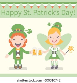 Vector illustration:  flat design icons for Saint Patrick's Day.Ginger leprechaun character with green hat and blonde fairy with wings, green hat and magic wand in national costume with beer mugs