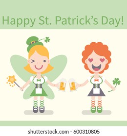 Vector illustration: flat design icons for Saint Patrick's Day. Blonde fairy with wings, green hat and magic wand, ginger girl in national costume with shamrock with beer mugs.