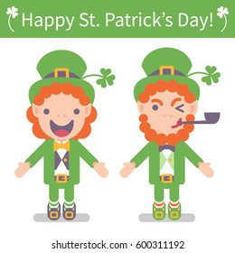 Vector illustration:  flat design icons for Saint Patrick's Day. Leprechaun character with different age, with green hat,  different emotions and smoking pipe 