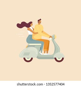 Vector illustration, flat design, isolated. Loving couple ride on motorbike. Young pair, man and woman riding a scooter, enjoying time together