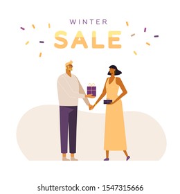 Vector illustration, flat design. Isolated on white. Winter sale. Loving couple gives each other gifts. Web banner, poster, card, flyer. Square format. Cartoon fun characters. 