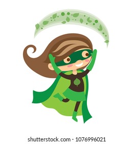 Vector illustration in flat design of kid eco superhero in funny comics costume isolated on the white background