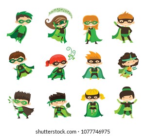 Vector illustration in flat design of kid eco superheros in funny comics costume isolated on the white background