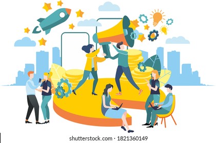 Vector illustration. Flat design. large group. Decision of tasks. Brainstorming. Teamwork. Achieving goal. Team of associates. A large composition using many elements.