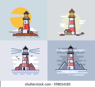 Vector illustration of flat design lighthouse set