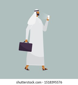 Vector illustration, flat design. Male cartoon character. Arab business man with phone and case. Traditional clothing Thobe. Picture for web, poster, banner. 