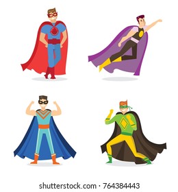 Vector illustration in flat design of male superheros in funny comics costume isolated on the white background